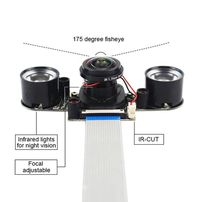 Raspberry Pi 175° IR-CUT Camera Night Vision Focal Adjustable 5MP Fish Eye Auto Switch Day Night for Raspberry Pi 5 4B 3B+ Zero