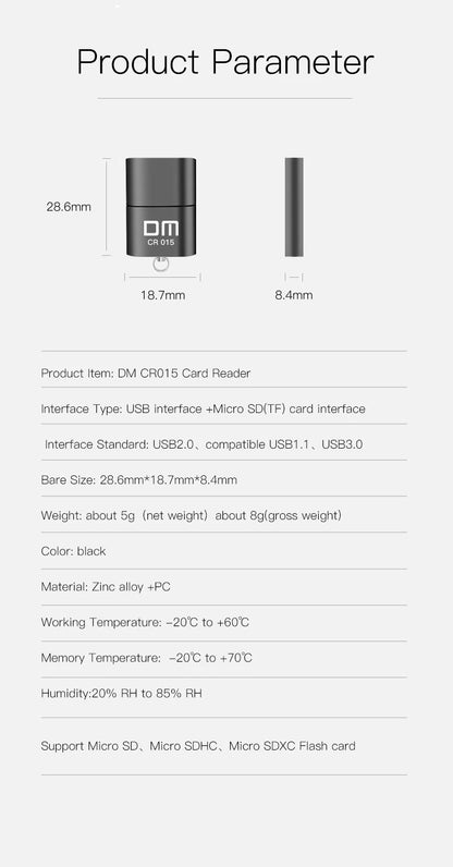 DM CR015 Micro SD Card Reader with innovative TF card slot change the card reader into a usb flash drive for computer or for car