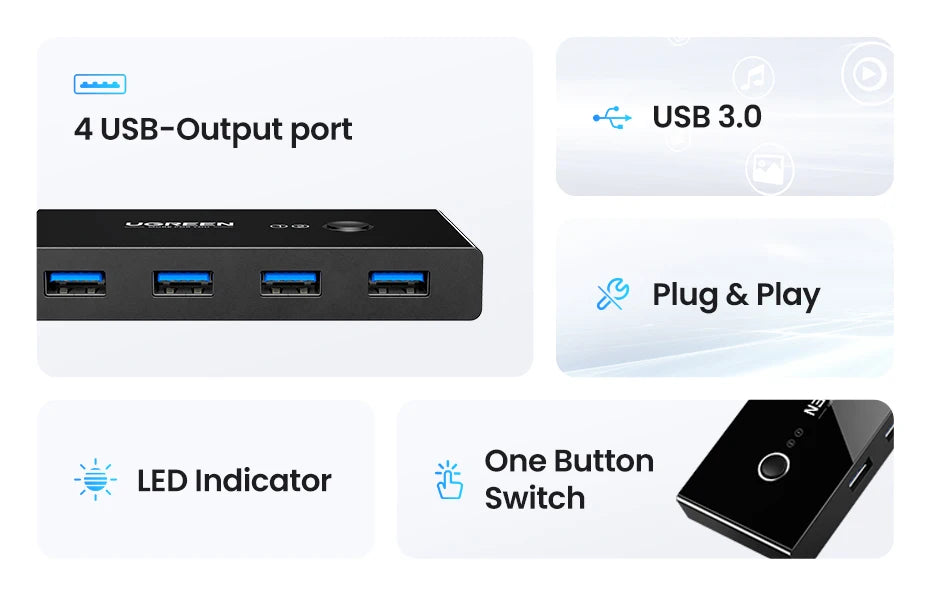 UGREEN USB Switch USB 3.0 2.0 Switcher Switch for Windows10 PC Keyboard Mouse Printer 2 PCs Sharing 4 Devices USB Switch